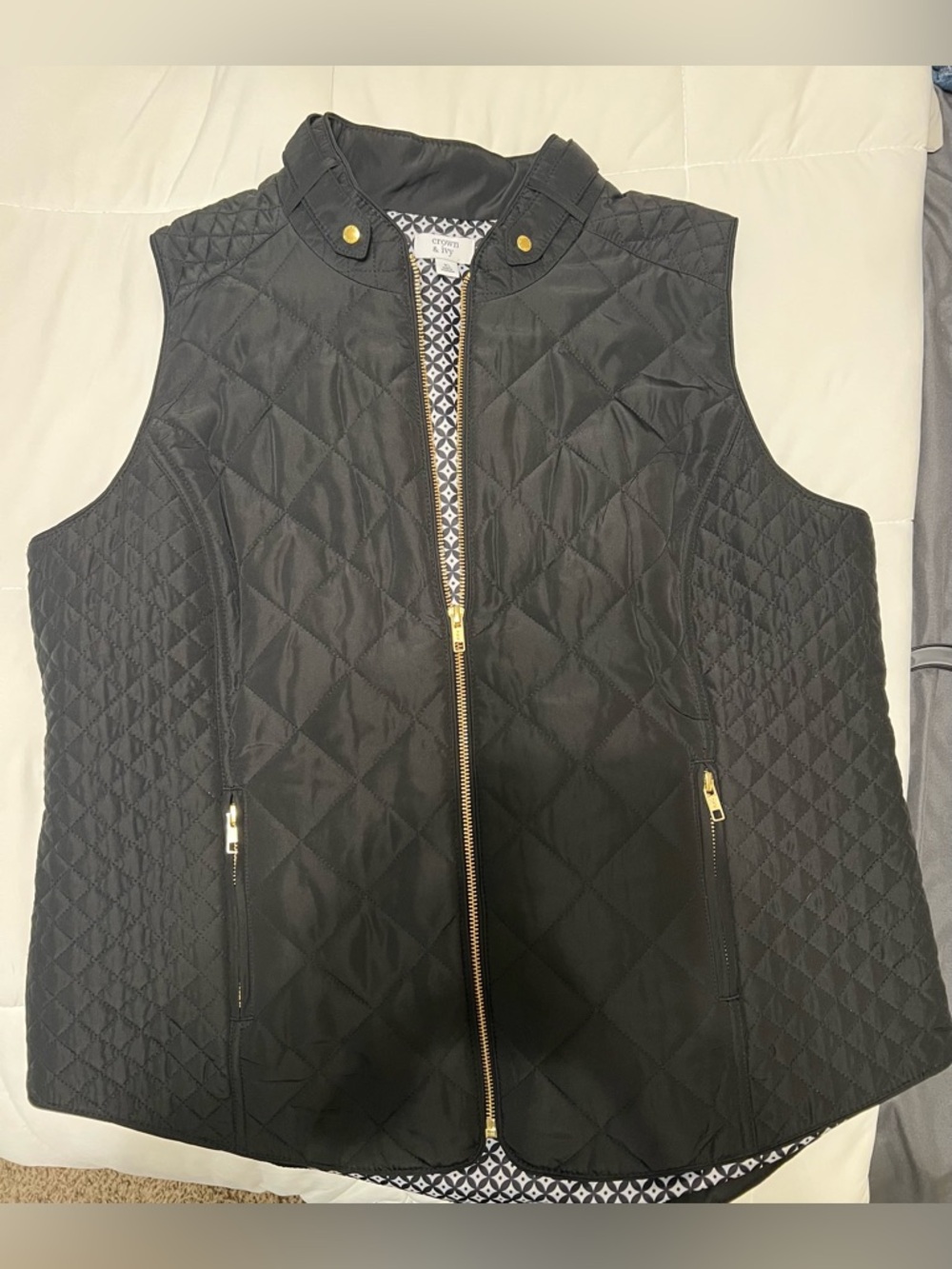 crown & ivy Black Quilted Vest with Gold Hardware